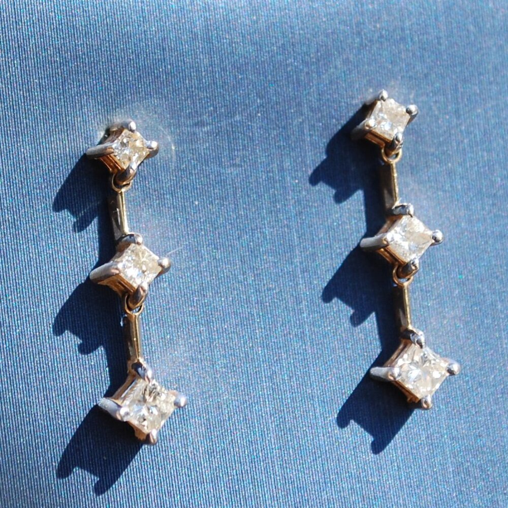 14k Yellow Gold 3 Princess Cut Diamond Dangle Earrings